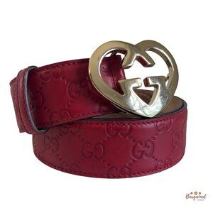Authentic Gucci Red Monogram Leather Gold Heart Buckle Belt Size 95/38